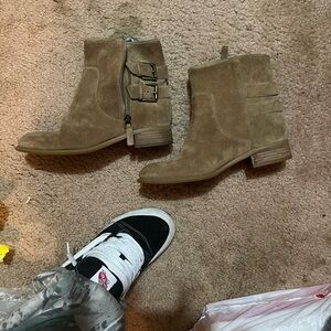 Women's Tan Suede Ankle Booties with Buckle Detail